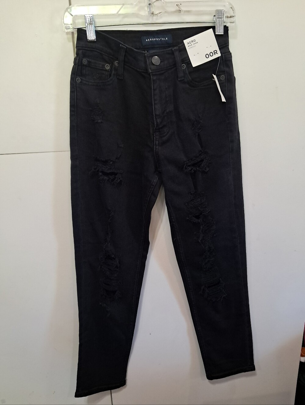 Womens Size 00R Distressed Mom Jean Stretch Black torn up tears